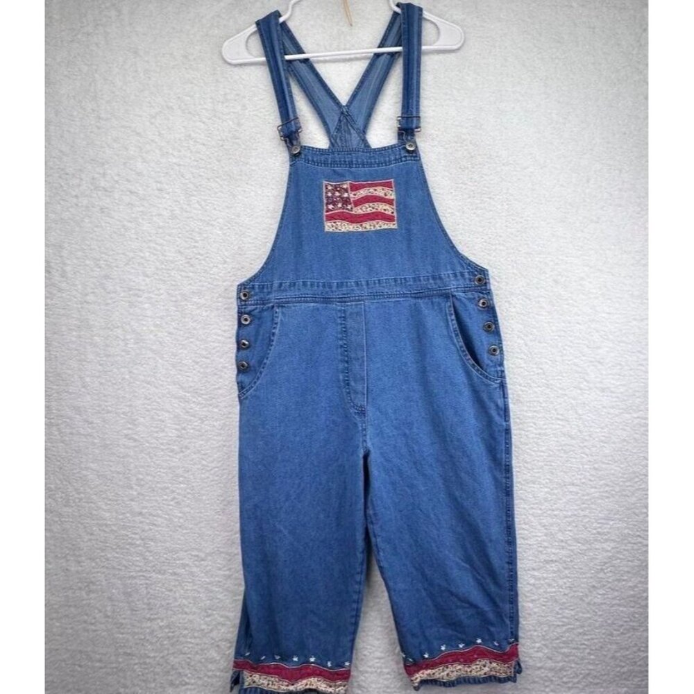 Donna Rico Overalls Womens Medium Crop‎ Denim CottageCore Vintage American Flag